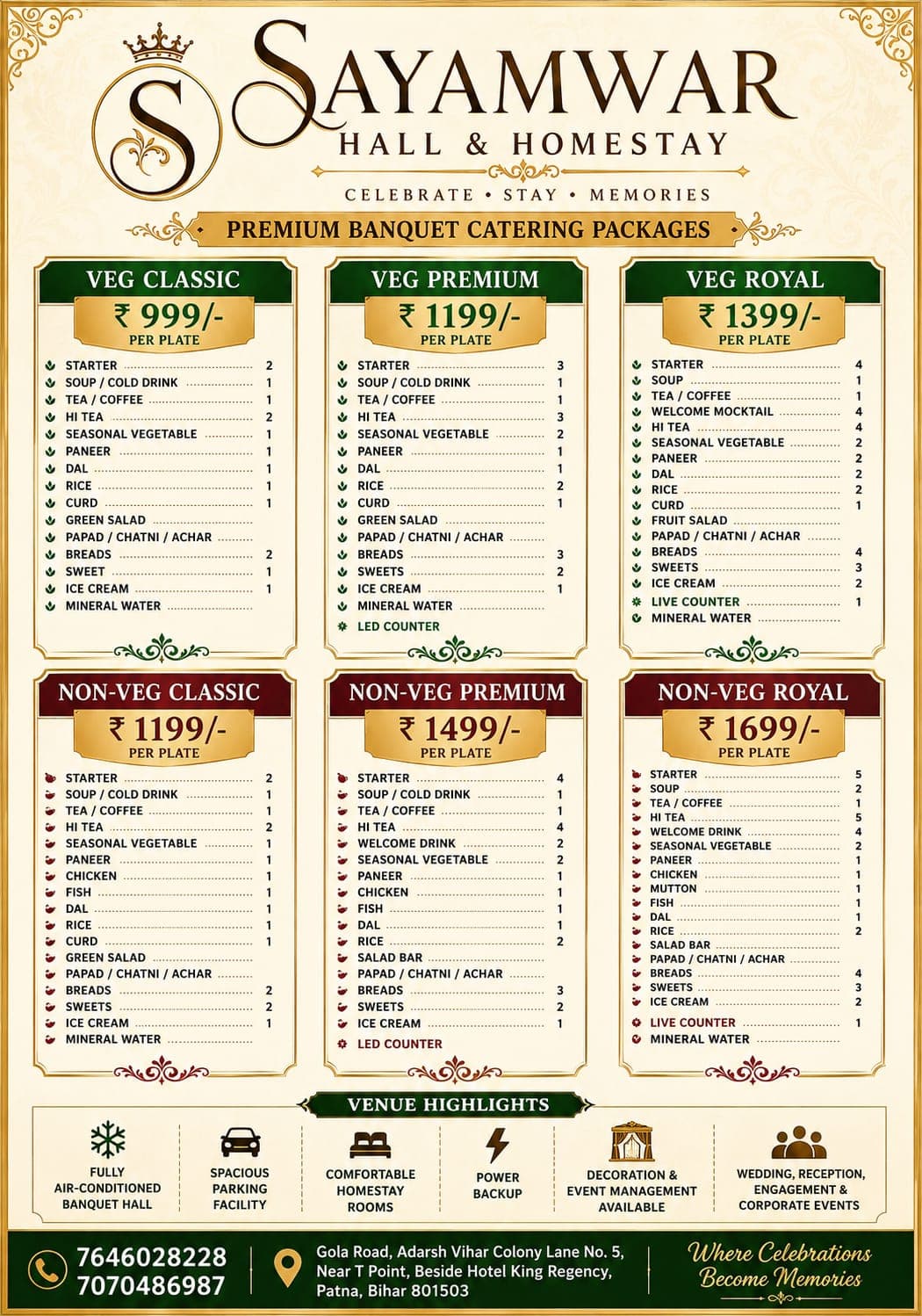 Sayamwar Hall & Homestay Catering Menu — Veg Classic ₹999, Veg Premium ₹1199, Veg Royal ₹1399, Non-Veg Classic ₹1199, Non-Veg Premium ₹1499, Non-Veg Royal ₹1699